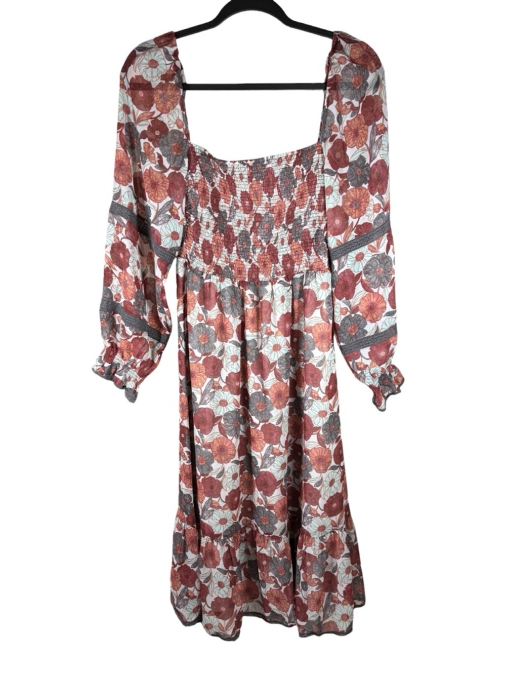 Aritzia Wilfred Grace Smocked Midi Dress Birch Floral Sienna Red S Cottagecore - Picture 6 of 15